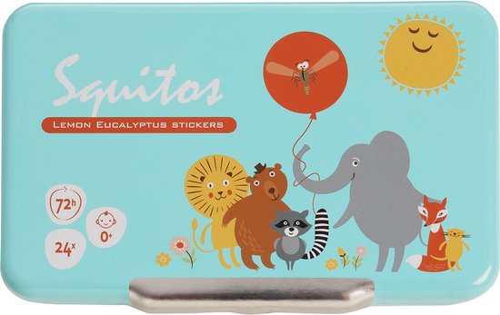 Squitos blikken doosje met stickers van een leeuw, beer, wasbeer, olifant en vos. Met zon en ballon met mug.