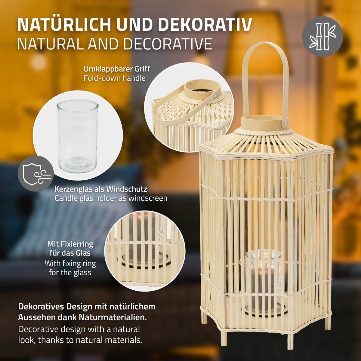 ECD Germany bamboe lantaarn, decoratieve houten windlicht serie, grote kaarsenhouder van 75 cm hoog, luxe houtlook met glas en handvat, sfeervolle boho tuinlantaarn gevlochten stijl, moderne decoratie voor binnen buiten balkon terras en woonkamer — cadeau in Wonen & Interieur - foto 6