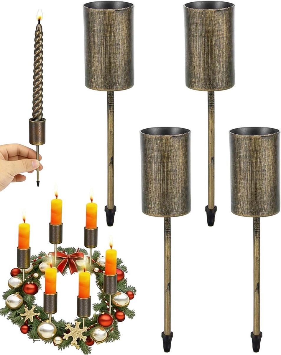 Bronzen metalen kandelaars in de vorm van adventskrans - 4 stuks voor kegelvormige kaarsen, kerstdecoratie en DIY projecten