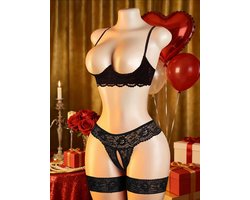 Luxe 2-Delige Kanten Lingerie Set Zwart – Open Cup 1/4 Push-up Beugel BH & Open Kruis String - Erotische Lingerie Maat M/L
