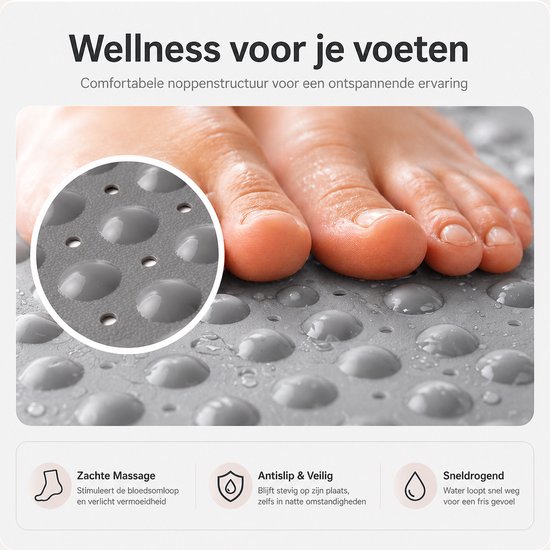 Grijze antislip douchemat met noppenstructuur, waarop een voet staat. Zacht massage-effect.