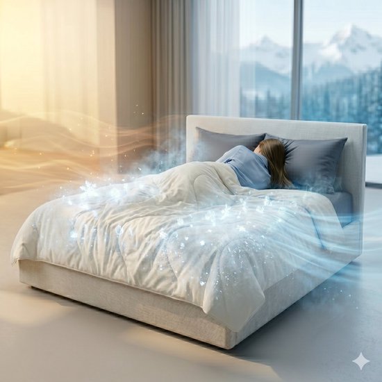 Vrouw slaapt onder een crème deken met quiltpatroon op een bed, met visuele effecten van koelte.