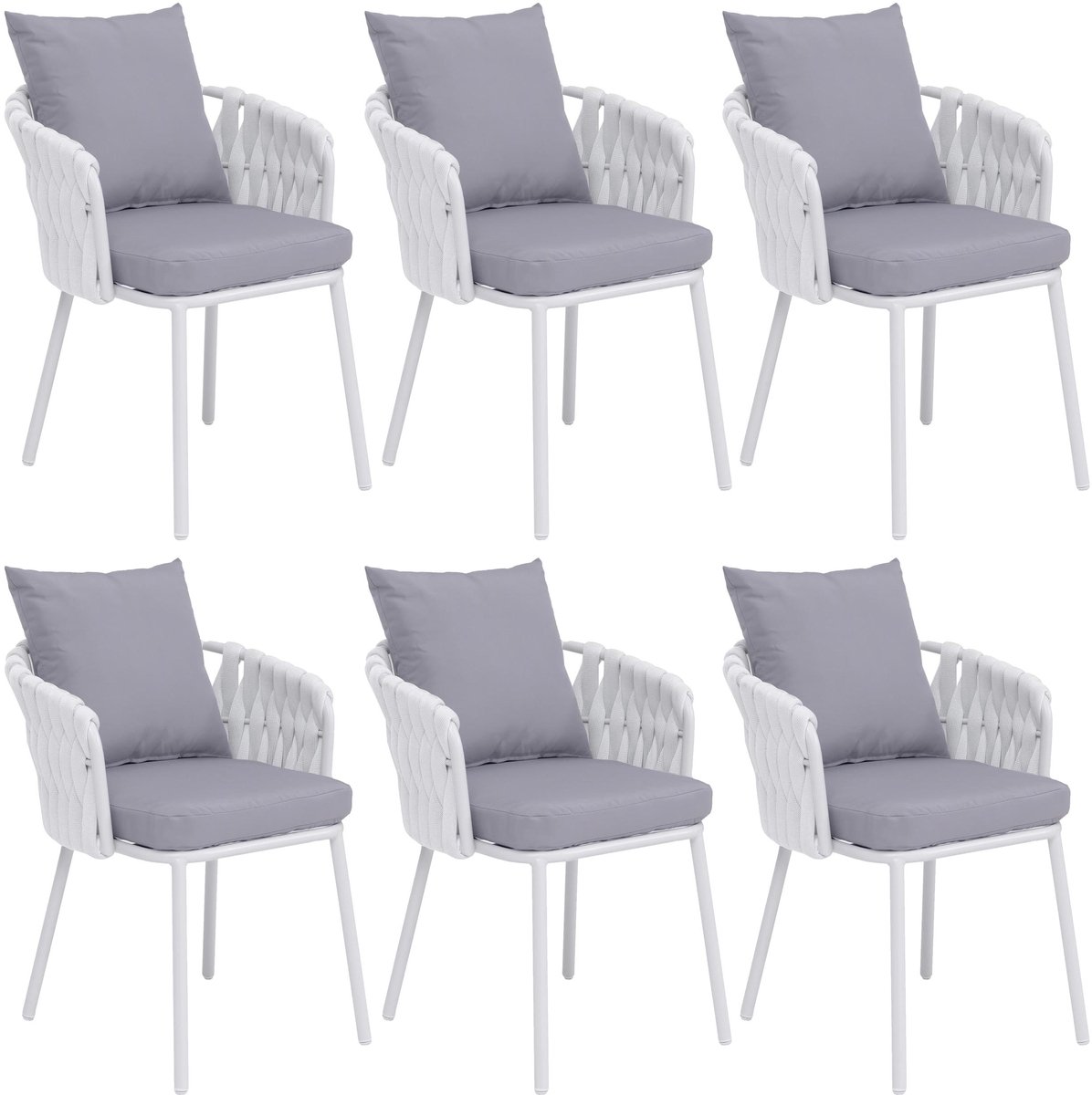 MCW Set van 6 aluminium eetkamerstoelen MCW-P89, stoel voor binnen met armleuningen, stof/textiel (180 g/m²) met gevlochten touw ~ lichtgrijs