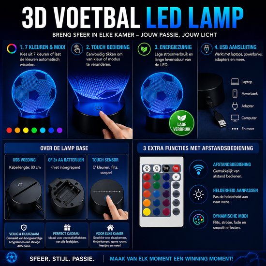 3D Voetbal LED Lamp - Voetbal Nachtlamp met 16 Kleuren - Afstandsbediening en Touch Bediening - USB Sfeerlamp voor Kinderkamer - Zwart van Merkloos — afbeelding 2
