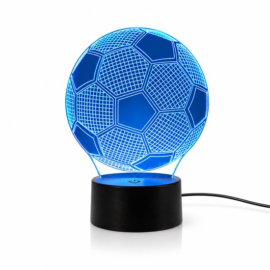 Blauwe 3D voetbal LED lamp op een zwarte voet met USB-aansluiting.