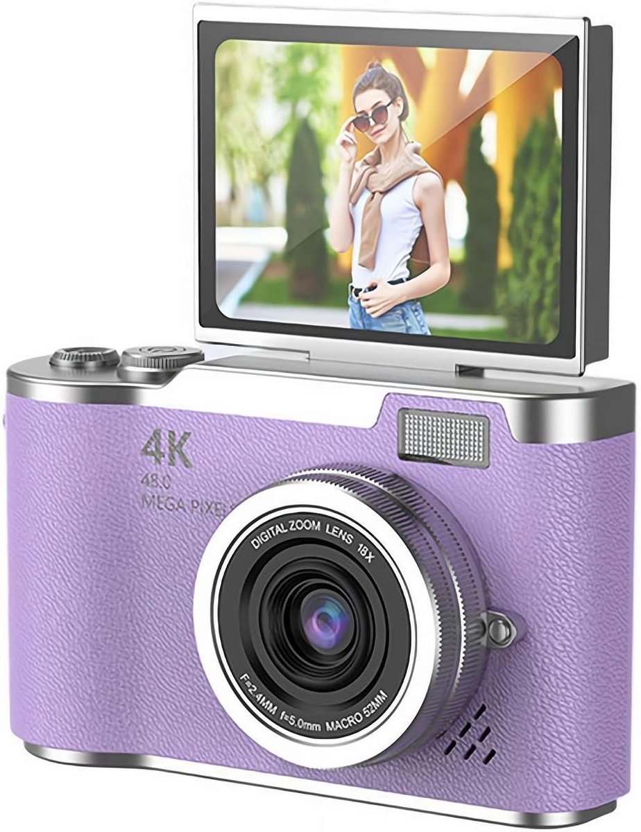 4K Digitale Camera voor Foto's – 48 MP met Kantelbaar Scherm, Draagbare Retrocamera met Kantelbaar Scherm, Selfiecamera met 8x Zoom, Vlogcamera – Camera voor Kinderen en Volwassenen, Compacte Retrocamera voor Buitengebruik (Paars, 1 Set)