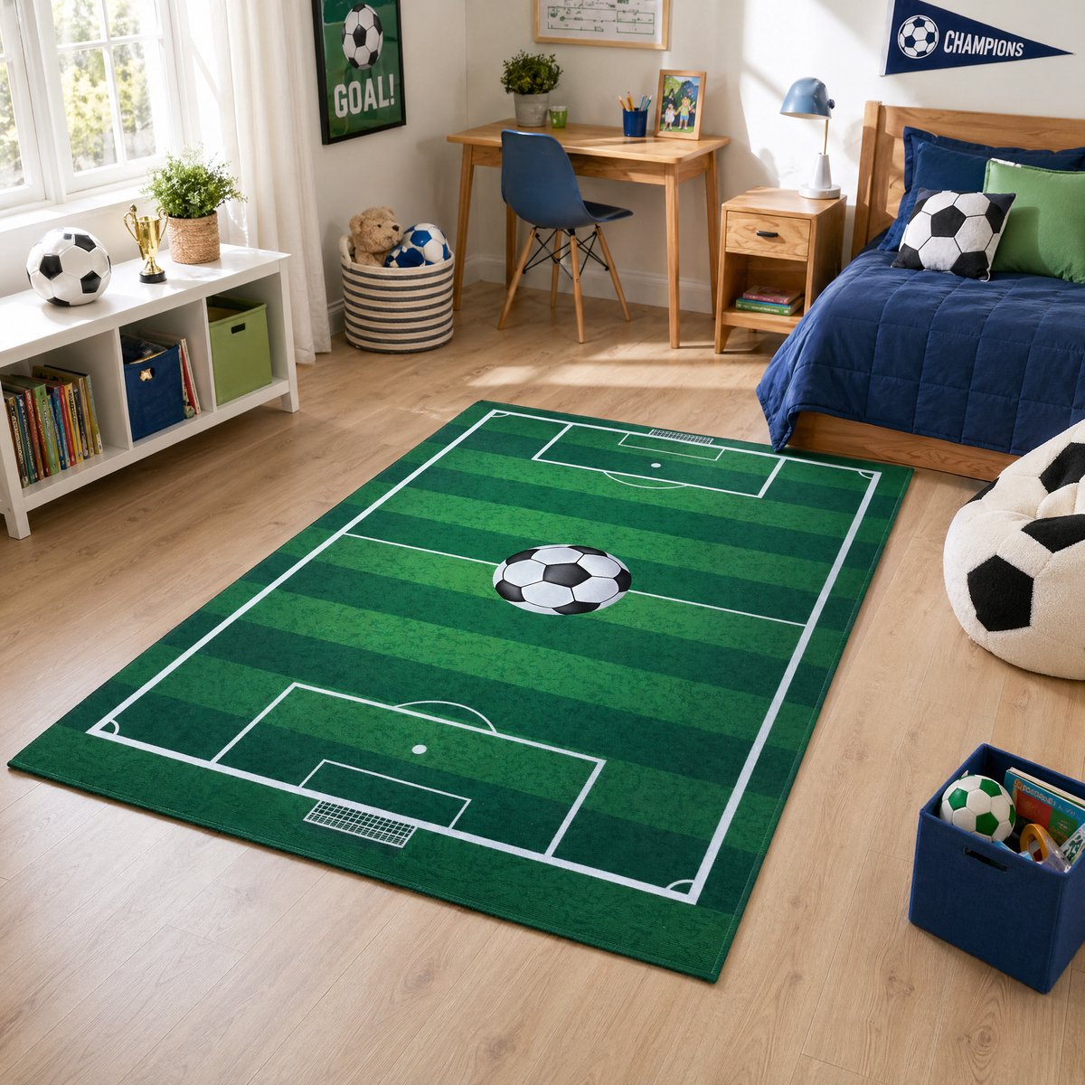 Kinderkleed Voetbal - Vloerkleed Kinderkamer Anti-slip Groen- 95x145 CM