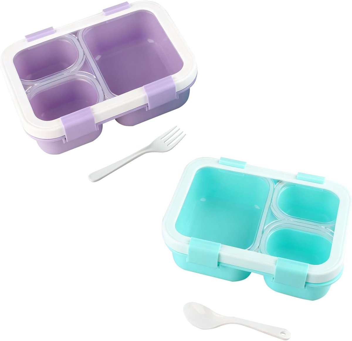 Bento Lunchtrommel 850ml met 3 Vakken en Bestek - Magnetron & Vaatwasserbestendig