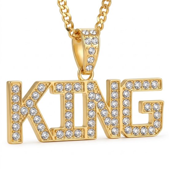 Goudkleurige schakel ketting voor heren met hanger in de vorm van het woord KING met strass – heren sieraad