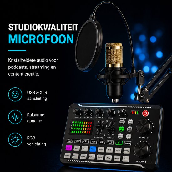 Mélangeur noir avec microphone doré sur bras, filtre anti-pop et microphone. Connexion USB et XLR. Indicateurs LED colorés.