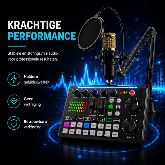 Mélangeur noir avec microphone doré, bras de microphone et filtre anti-pop. Indicateurs LED colorés et boutons.