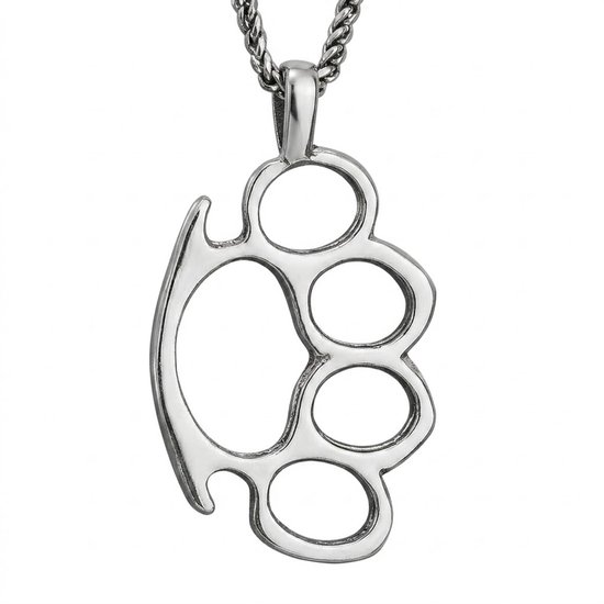 Zilverkleurige boksbeugel hanger met schakelketting.