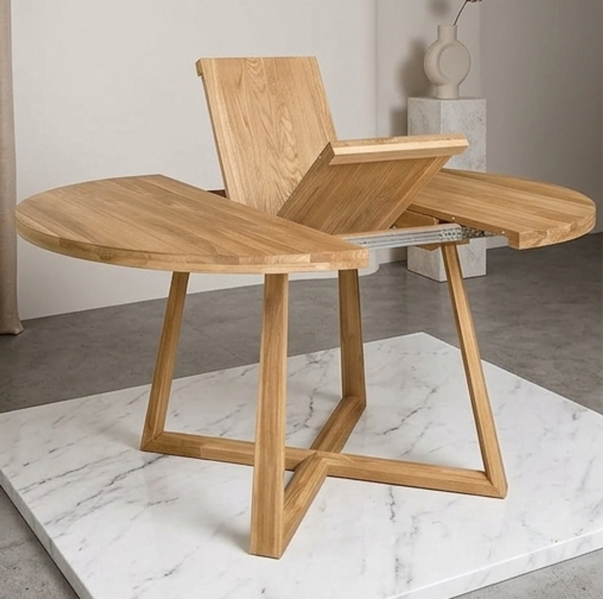 Uitschuifbare Ronde Eettafel Massief Eiken 120-160 cm met Kruispoten – Scandinavisch Design – Luxe Houten Eettafel voor 4-8 Personen – Duurzaam FSC – Ganeey