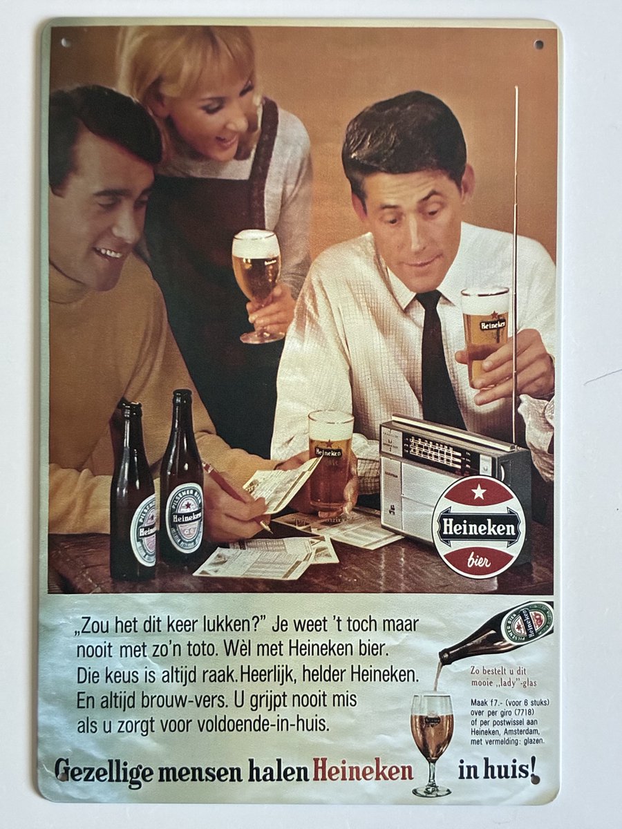 oude heineken reclame jaren 60 Metalen wandbord 20 x 30 cm - Mancave -Wand Decoratie - Metalen borden - Tekst borden - Metalen bord - Reclame bord - Vintage - Kroeg - Bar – Cafe - Horeca - retro