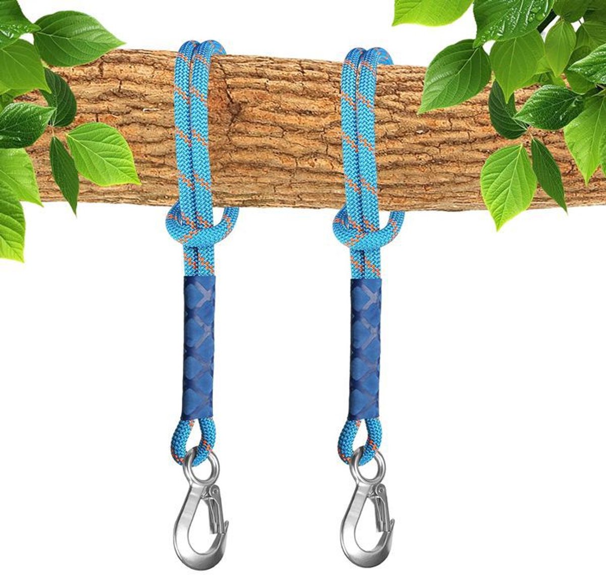 2 stuks - Schommelbevestiging boom - 60 cm - Hangmat riem - Ophangriem - Verbindingsriem - ophangbanden - ophang touw - boomschommel riem - met karabijnhaak - schommelaccessoires - voor buitenschommels, hangmatten en speeltoestellen - blauw