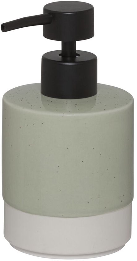 Saliegroene zeepdispenser met witte onderkant en zwarte pomp. De dispenser is bezaaid met kleine bruine spikkels.