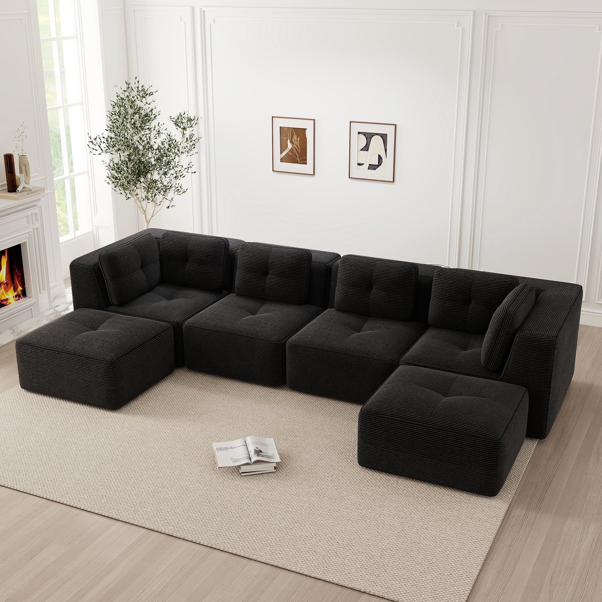 REDOM Modulaire 4-Zits Hoekbank – Zonder Montage met Antislip – Cordstof Bekleding – Zwart – 386 x 177 x 69 cm