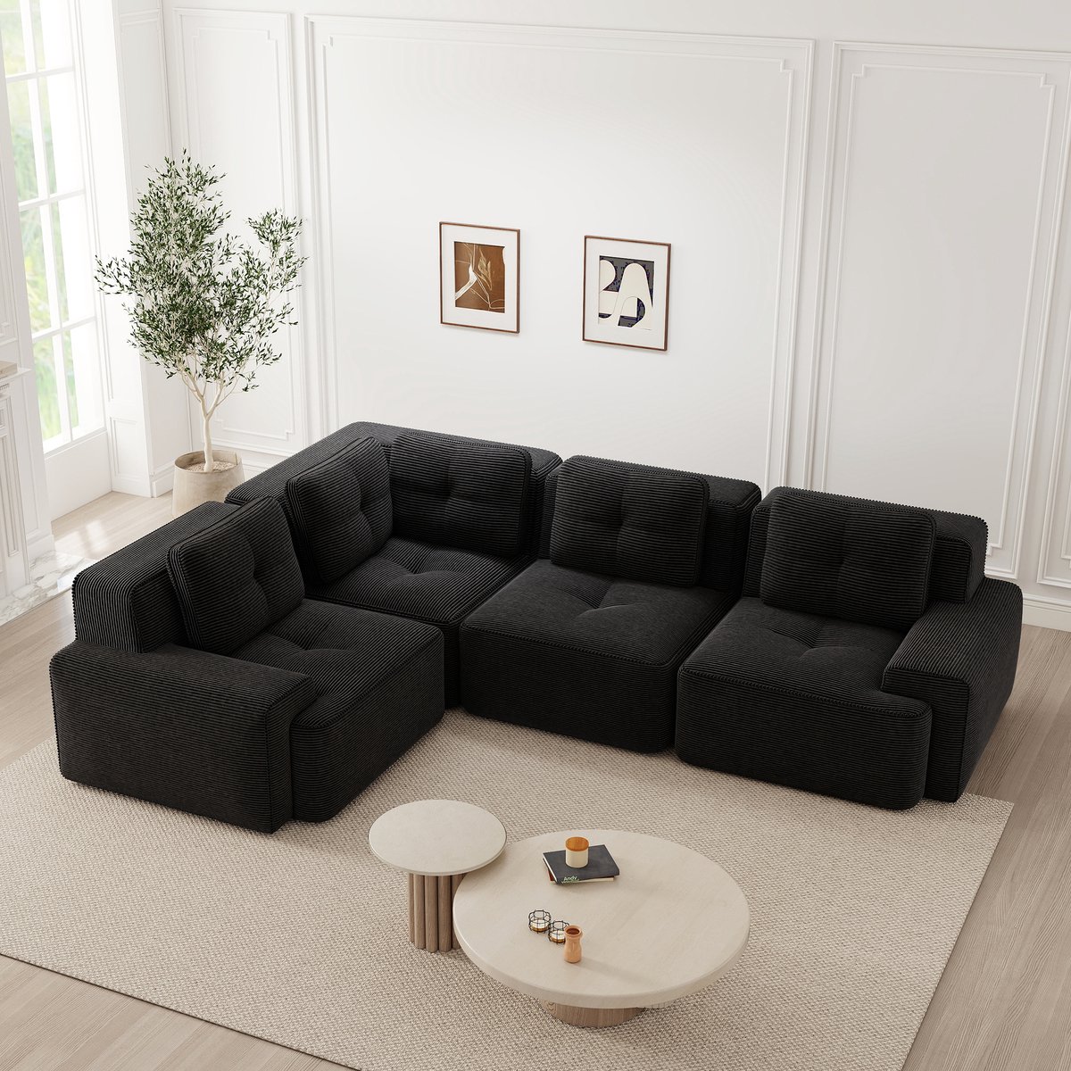 REDOM Modulaire 4-Zits Hoekbank – Antislip Voeten en Diepe Zitting van 74 cm – Ribstof Bekleding – Zwart – 382 x 104 x 69 cm