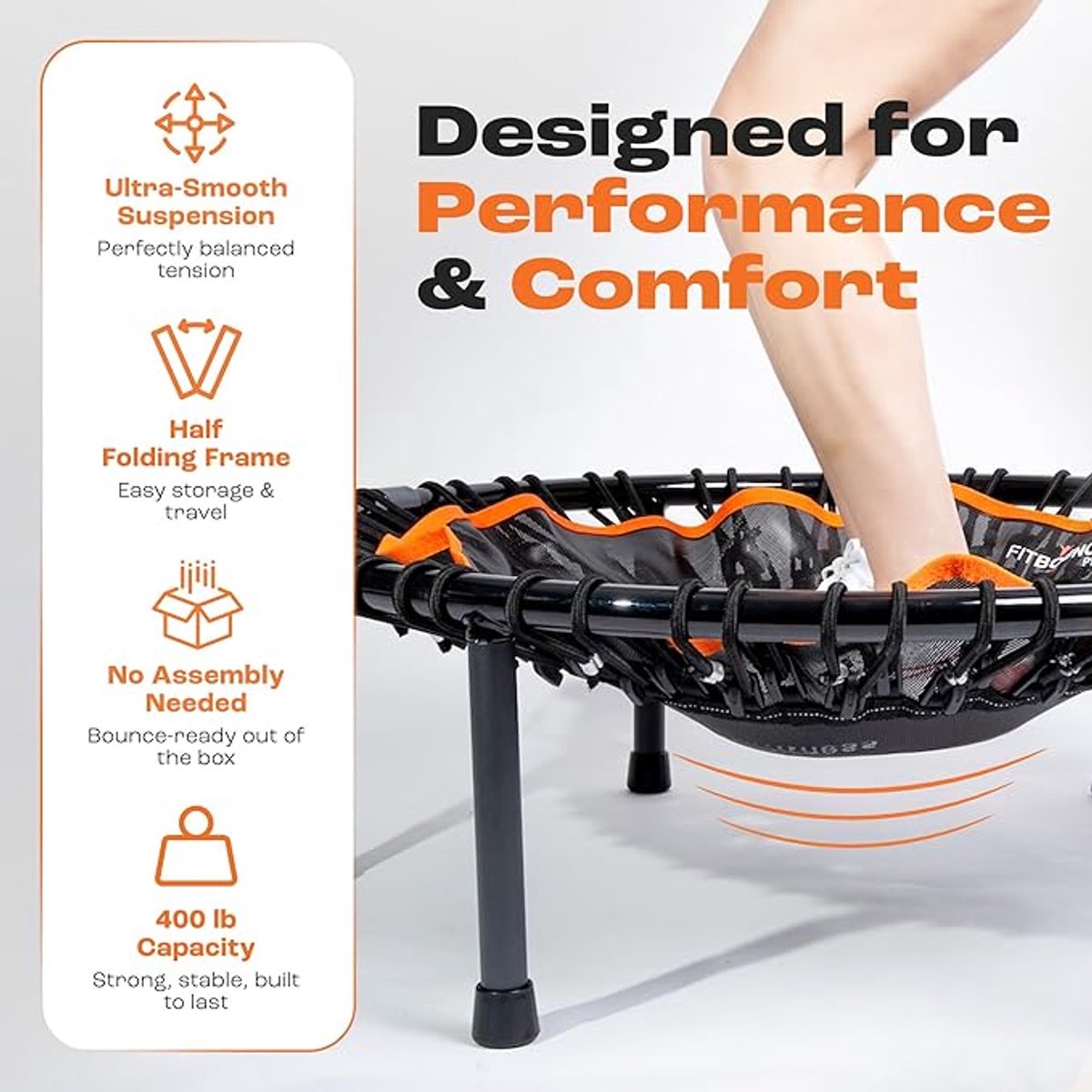 Fitness trampoline met T-bar – Bungee Rebounder 40 inch (101,6 cm) – Stil & Schokabsorberend – Opvouwbaar – Indoor Mini Trampoline voor Volwassenen en Kinderen – 180 kg draagvermogen – Zwart