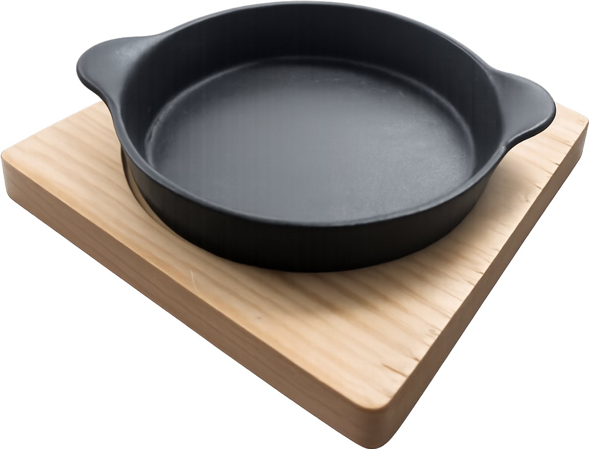 M.T.C© Gietijzeren pannetje-Kleine pan-Seveerpan-Houten onderzetter-Kamado-Dutch oven-BBQ