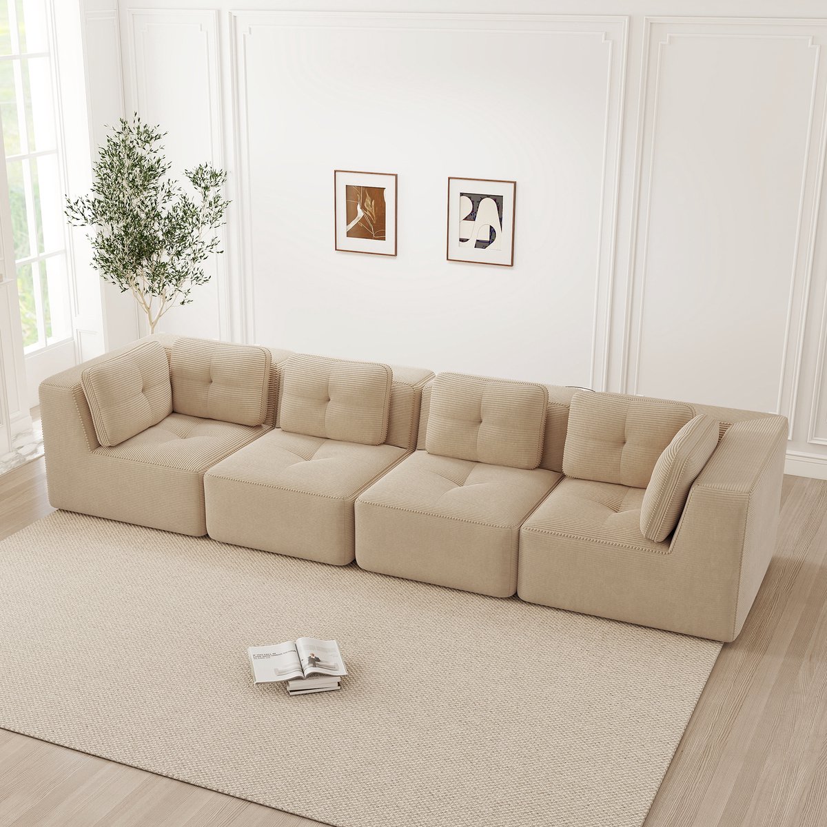 REDOM Modulaire 4-Zits Hoekbank – Diepe Zitting – Cordstof Bekleding – Beige – 386 x 104 x