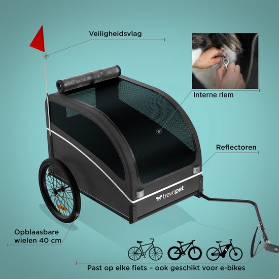 TrevoPet® Hondenfietskar - Opvouwbare Fietskar Hond - Hondenkar - Geschikt voor E-Bikes - Tot 40 kg - Voor Middelgrote & Grote Honden - Zwart