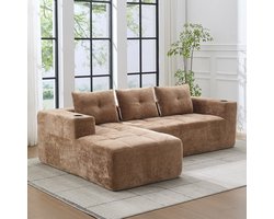 REDOM L-vormige Bank + Hoekbank - Ruime 4/5-zits met diepe zitting en bekerhouders - Moderne bank voor woonkamer of wachtruimte - Zachte chenille bekleding - Lichtbruin - 258 x 163 x 68 cm