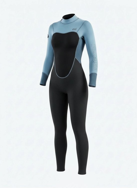 Blauwe wetsuit met zwarte voorkant en zwarte broek, Mistral logo op de borst en mouw.