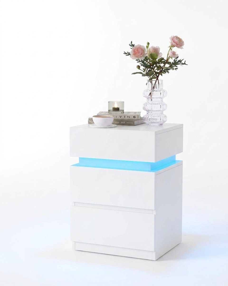 Archi Nachtkastje met LED Verlichting - Bijzettafel - 3 Lades - Verstelbare Kleuren & Modi - 35x40x55 cm - Modern - Wit