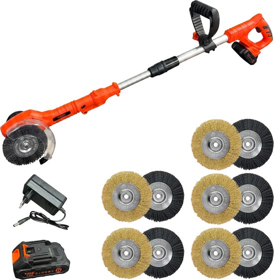 Oranje Kibani onkruidborstel met accu, oplader en tien opzetborstels.