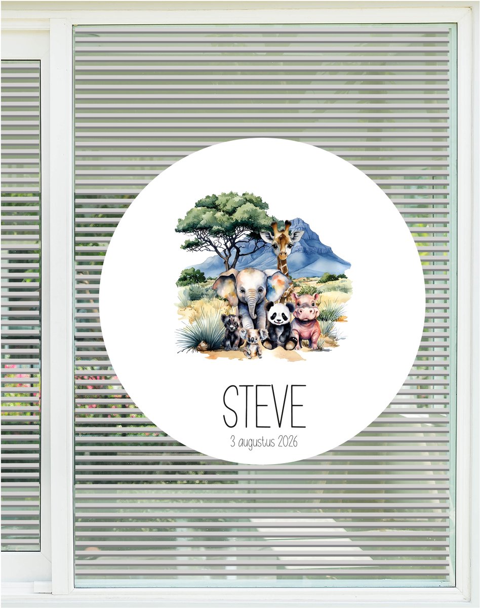 StudioJitske | Geboortebord | raambord | raamsticker 80cm | savanne dieren met naam en geboortedatum