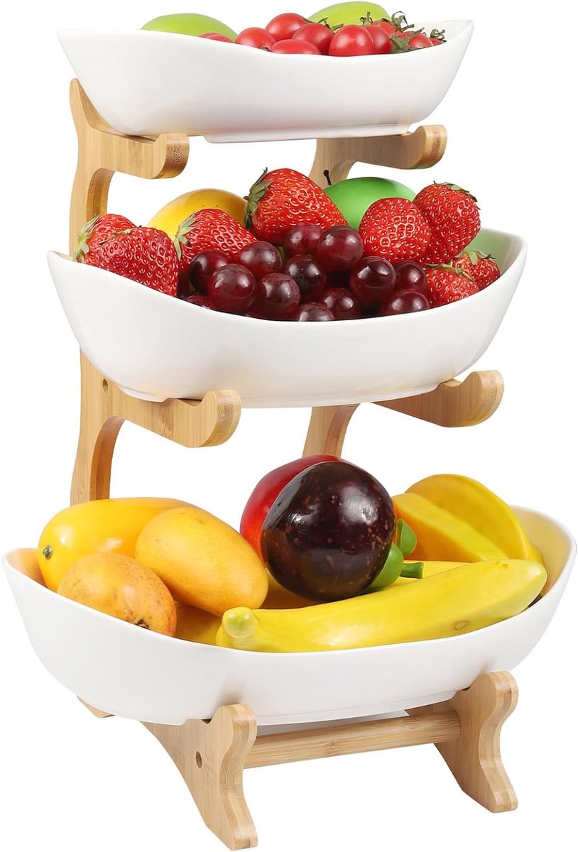 3-laags Fruitmand met Keramische Schalen en Bamboe Standaard – Etagère voor Fruit, Snacks & Desserts – Ruimtebesparende Keuken Organizer – Decoratieve Serveerschaal voor Keuken & Tafel – Wit/Naturel