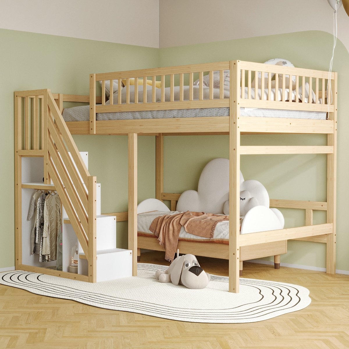 VVBV Massief Houten Hoogslaper 140x200 met Opbergtrap en Hoge Reling, Kinderbed en Tienerbed, Houtkleur