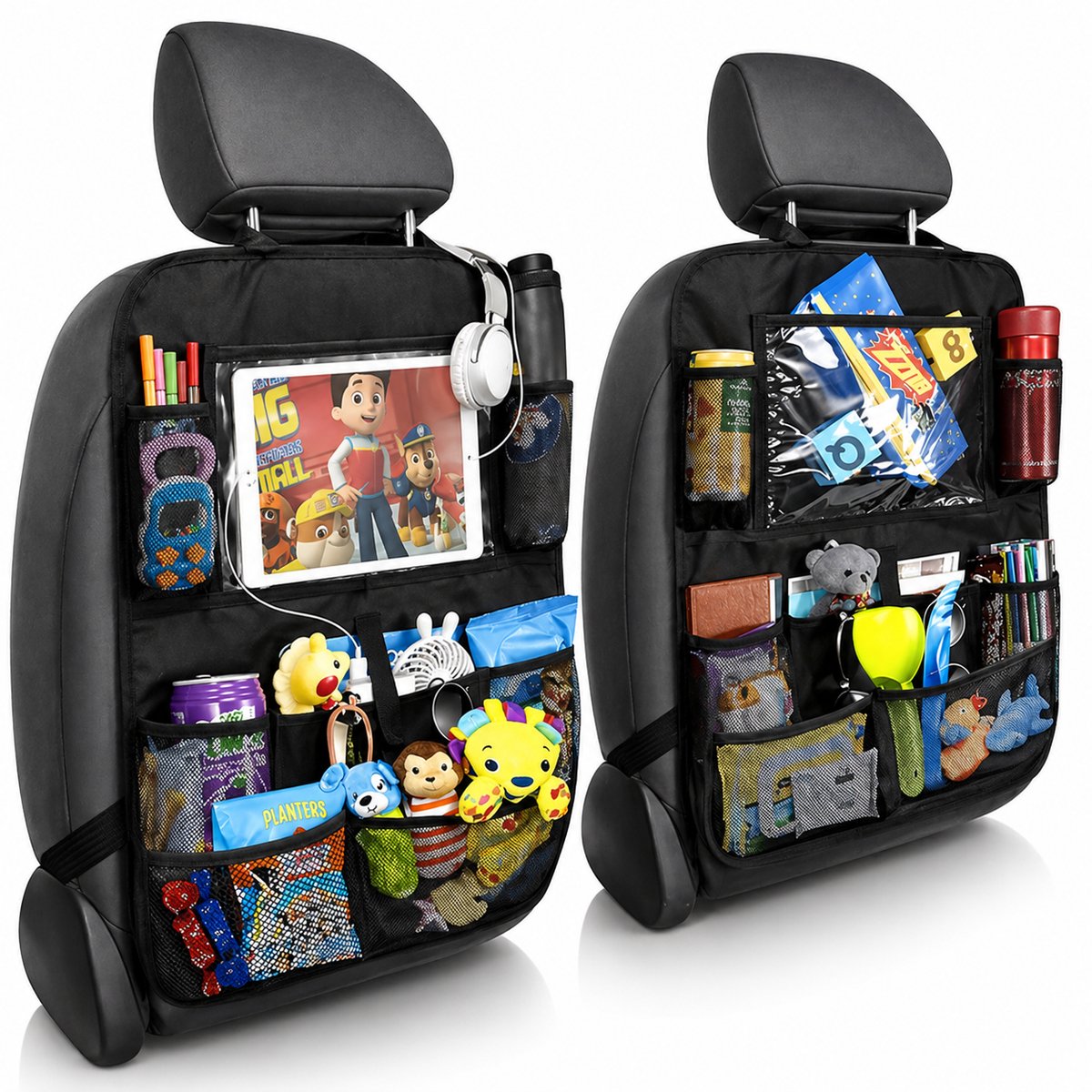 BOTC Autostoel Organizer met Tablet Houder - Set van 2 - luxe & stevige autostoel organizer met tablet houder - Auto stoel organiser - 10 Storage Pockets - Zwart