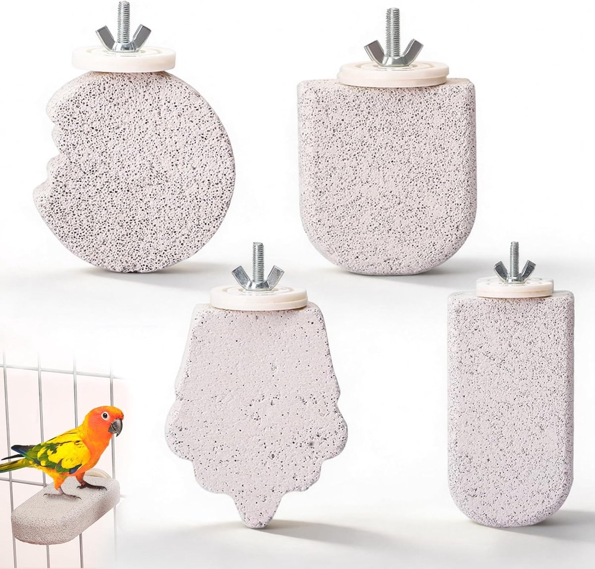 4-delige set van zitstokken van mineraalsteen, natuurstenen zitstokken voor grasparkieten en andere vogels, natuurlijke knaagstokjes met snavelslijpsteen voor spel en klauwverzorging.
