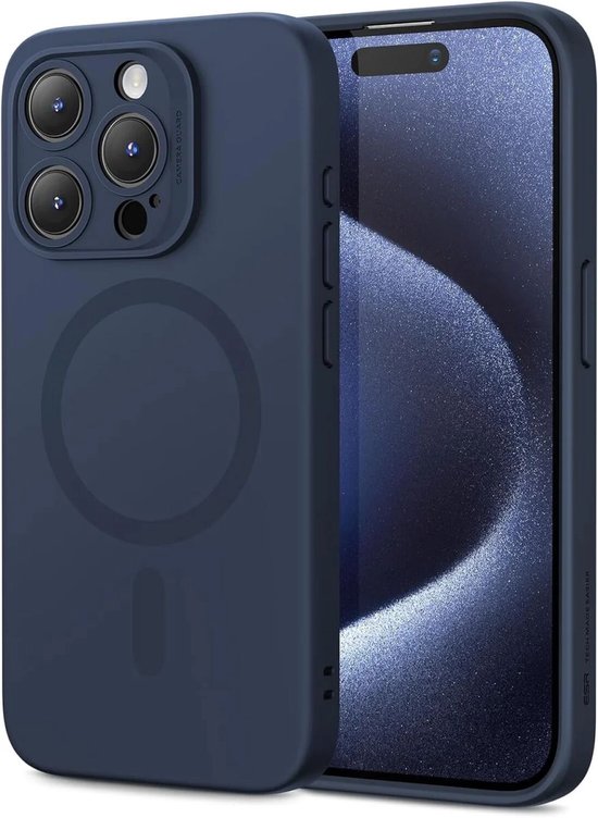 Donkerblauwe hoes voor iPhone 15 Pro, magnetische ring en camera-bescherming.