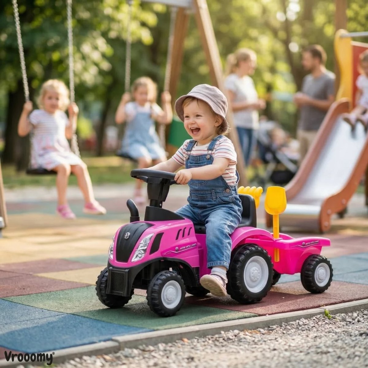New Holland Loopauto Tractor 1 tot 3 jaar – Officieel Gelicentieerde Speelgoed Tractor met Aanhanger, Koplampen & Toeter – Buitenspeelgoed Peuter met Hark, Schep & Opbergbox – Roze — afbeelding 3
