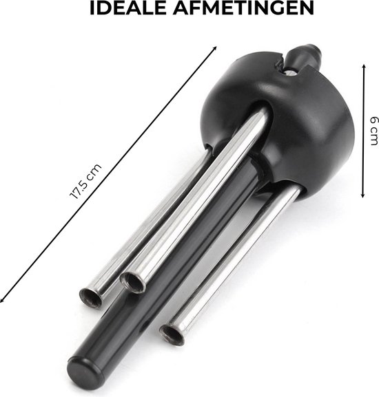 Zwarte houder van een instrumentenstandaard met zilveren poten. Afmetingen: 17.5cm lang, 6cm hoog.