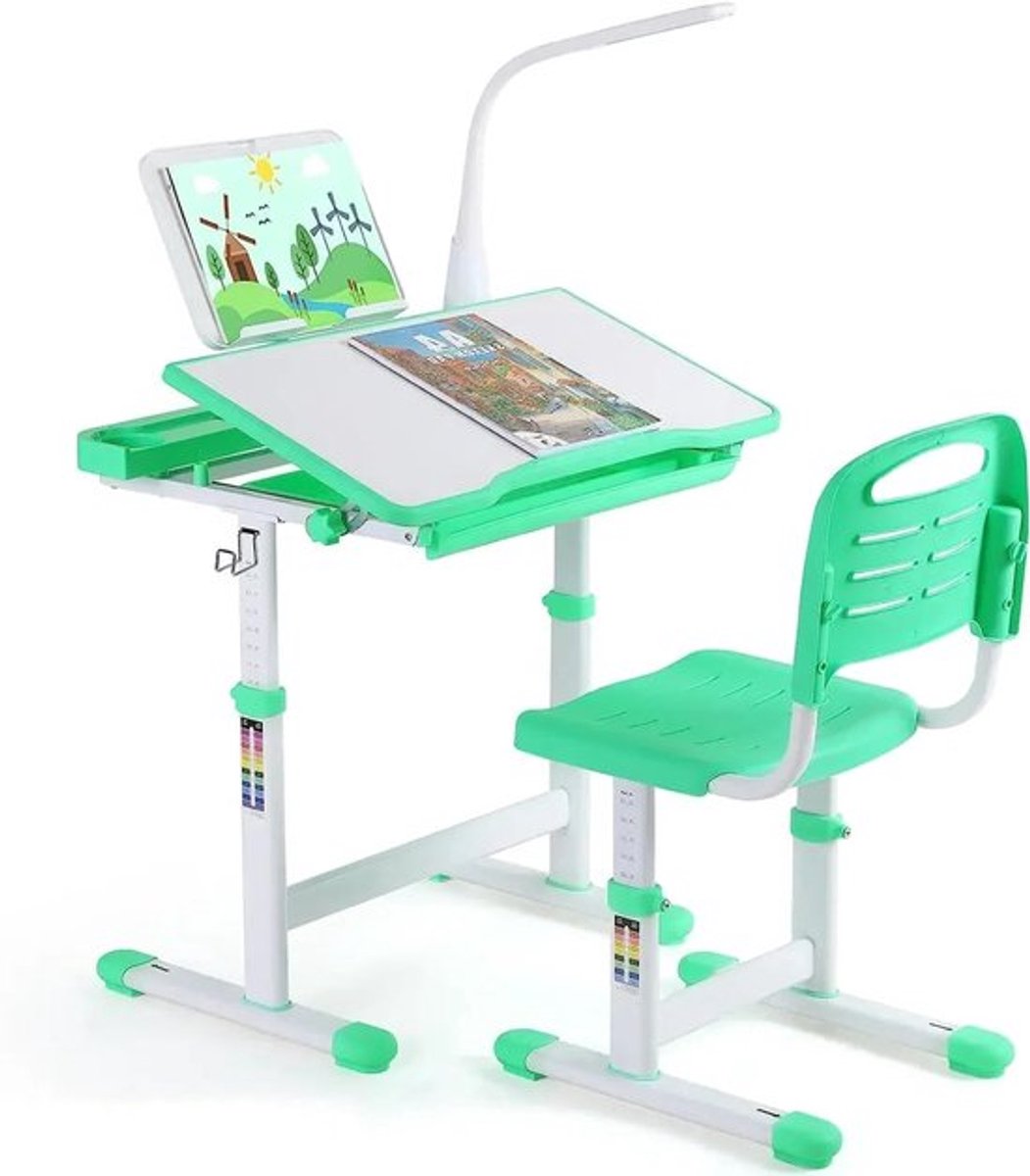 Ergonomisch Kinderbureau – Kinderbureau Met Stoel – Verstelbaar Bureau – LED Leeslamp – Ka