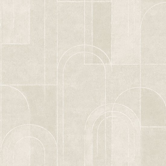 Beige behang met een subtiel wit grafisch patroon van lijnen, bogen en vierkanten.