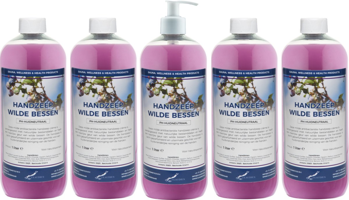 Handzeep Wilde Bessen 1 liter - set van 5 stuks - met gratis pomp - Voordeelverpakking
