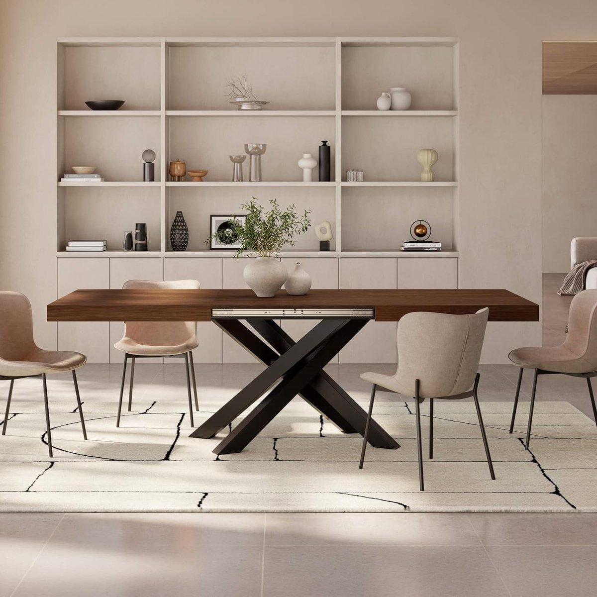 Uitschuifbare Eettafel 160-240 x 90 cm Luxe Industriële Eettafel voor 6-10 Personen met Metalen Kruispoten en Opbergruimte Waterafstotend Walnoot Canaletto Made in Italy Urbanhome