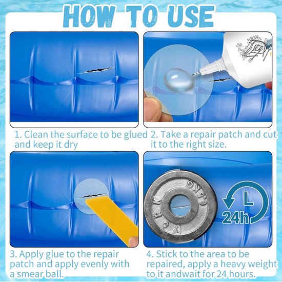 Zwembad Reparatie Kit - Vinyl Plakset - Lekkages Dichten - Waterdicht Onderwater Gebruik - 6x6 cm Patches - Blauw — afbeelding 4