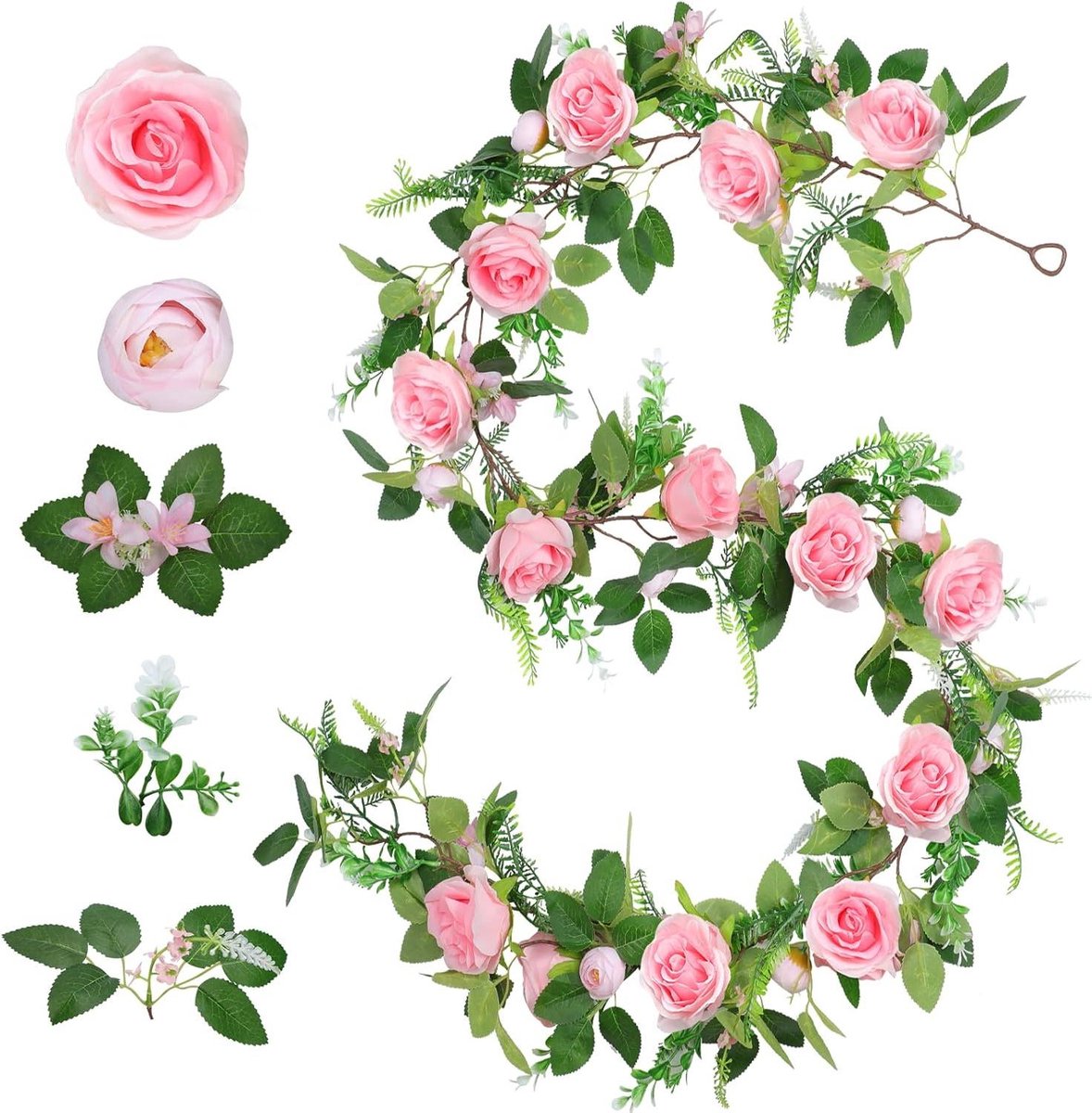 Roze Bloem Slinger - Kunstmatige Rozenrank - Decoratie Bruiloft Boog - Volle Rijke Bloemen - 6.2FT Lengte - Roze en Groen