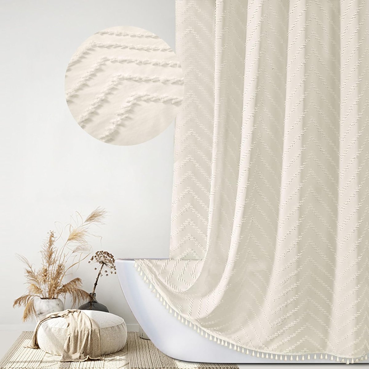 Douchegordijn, geweven stof, rustieke boho-stijl, modern minimalistisch douchegordijn met haken, voor de badkamer, chevron-patroon met textuur, gestreept, crèmekleurig
