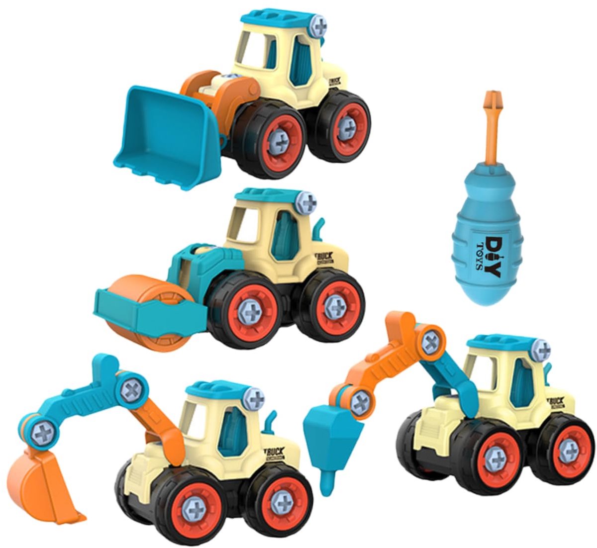 4-delige bouwset met speelgoedauto's - Inclusief afneembare graafmachine - Geschikt voor de hand-oogcoördinatie van kinderen - Inclusief schroevendraaier - Helpt bij de vroege ontwikkeling en coördinatievaardigheden, in vrolijke kleuren