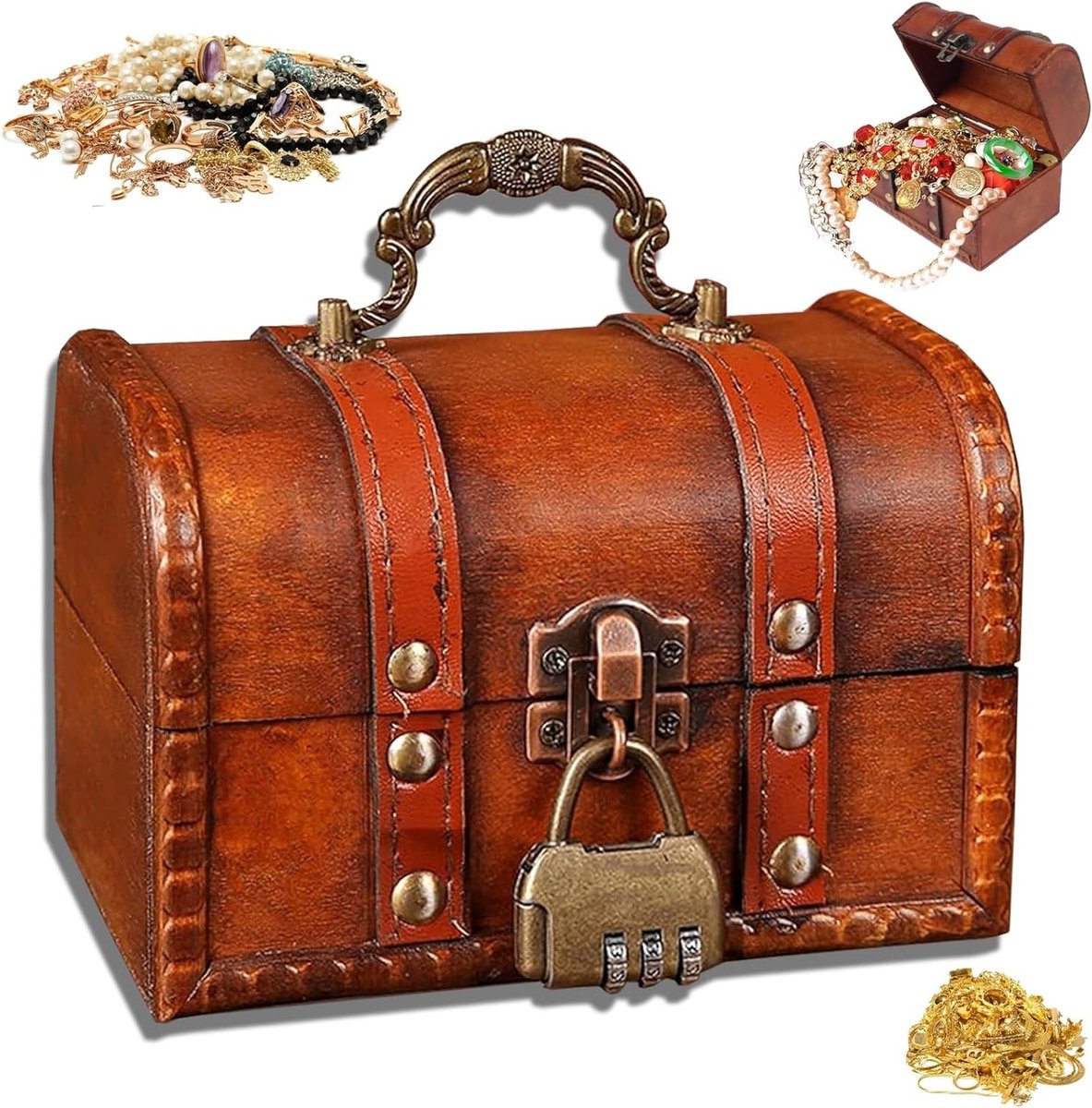 Retro Houten Schatkist met Combinatielock - Kleine Decoratieve Opbergdoos voor Sieraden en Accessoires, Bruin, Vintage Stijl