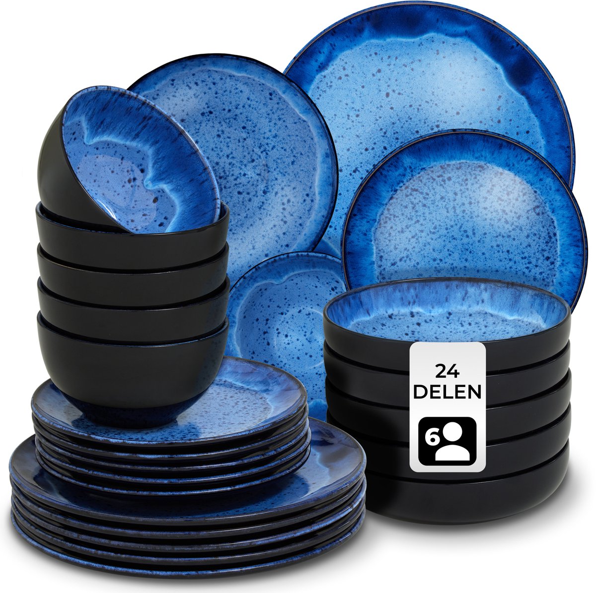 tectake® Serviesset Mare - 24-delig - Aardewerk met Glanzend Glazuur - 6 Persoons - Handgemaakt Servies - Moderne Bordenset met Grote en Kleine Borden, Kommen, Schaaltjes - Vaatwasser- en Magnetronbestendig - Zwart - Blauw