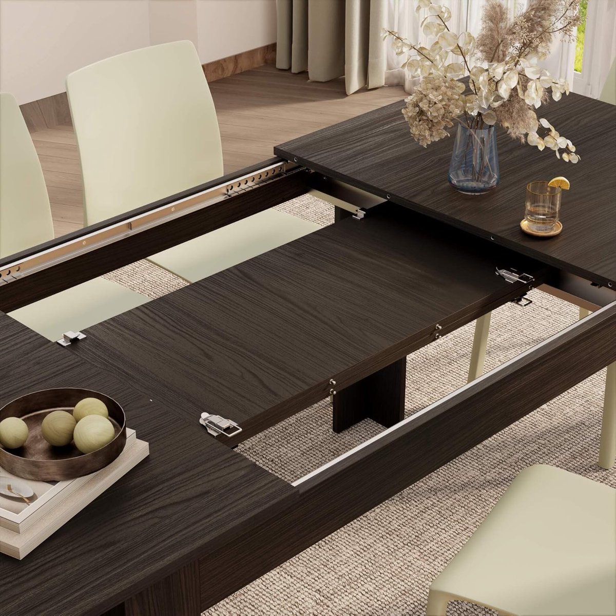 Uitschuifbare Eettafel 140-220 x 90 cm Moderne Rechthoekige Eettafel voor 6-8 Personen Ruimtebesparend Waterafstotend met Opbergbare Verlengbladen Rustiek Eiken en Zwart Essenhout Made in Italy Urbanhome