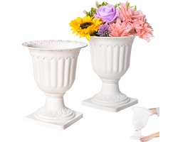 2 stuks - Klassieke urnvormige bloempot - Kunststof urnvormige bloempot - Bloempot in vintage stijl - Kunststof bloempot - Decoratieve tuinpot - 22 cm hoog - Kunststof bloempot met hoge voet - Wit - Decoratieve bloempot geschikt voor binnen en buiten